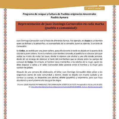 04-Orientaciones al docente - LC03 - Aymara - U01 -Representación de Juan Domingo Carnavalón en cada marka (pueblo o comunidad)