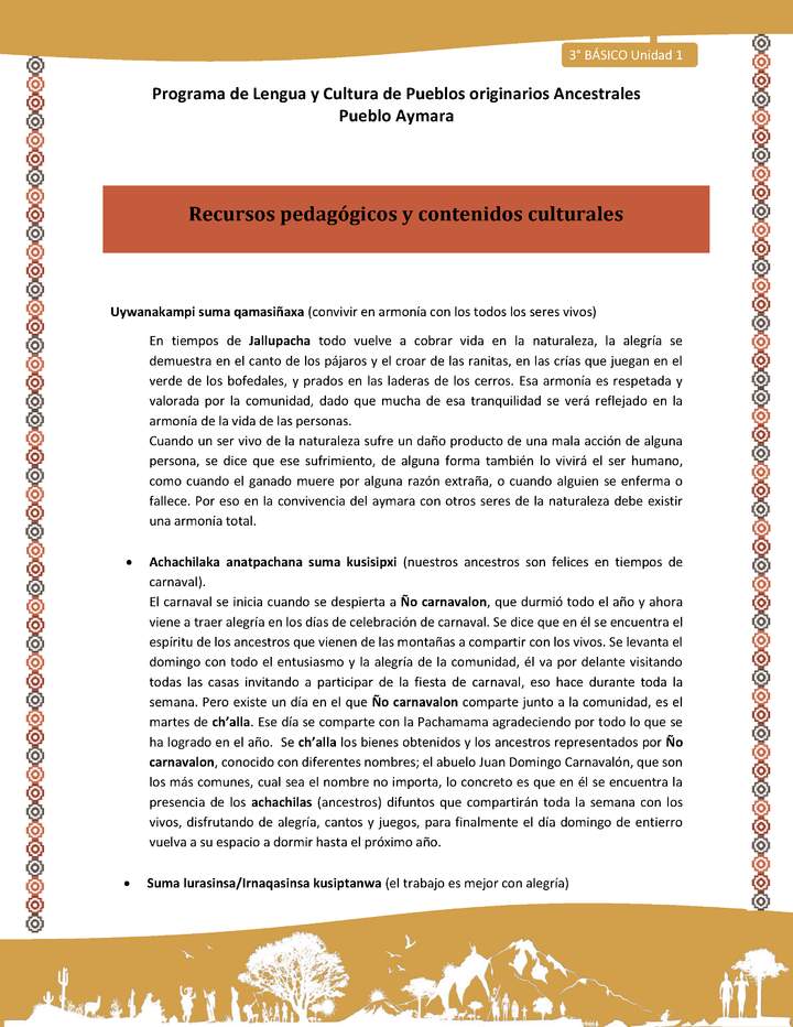 02-Orientaciones al docente - LC03 - Aymara - U01 -Recursos pedagógicos y contenidos culturales