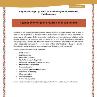 11-Orientaciones al docente - LC03 - Aymara - U01 -Algunos eventos que se realizan en la comunidad