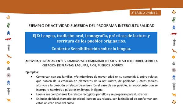 Indagan en sus familias y/o comunidad relatos de su territorio, sobre la creación de plantas, lagunas, ríos, pueblos u otros