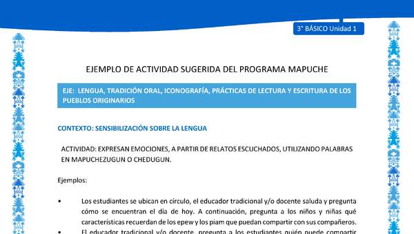 Expresan emociones, a partir de relatos escuchados, utilizando palabras en mapuchezugun o chedugun