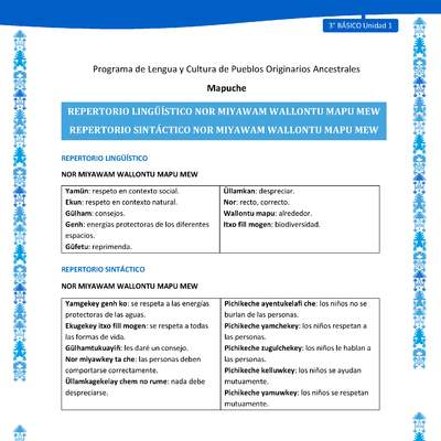 Repertorio lingüístico y sintáctico Nor miyawam wallontu mapu mew