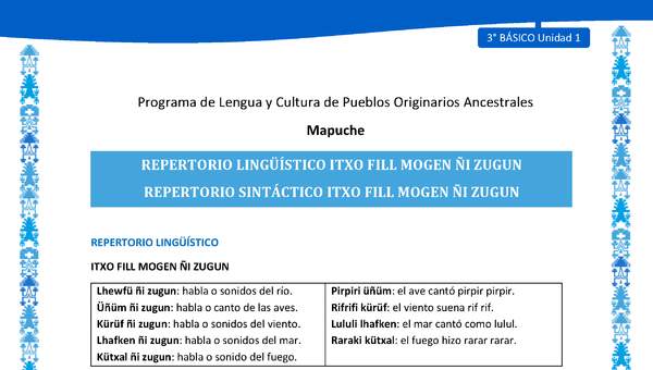 Repertorio lingüístico y sintáctico Itxo fill mogen ñi zugun