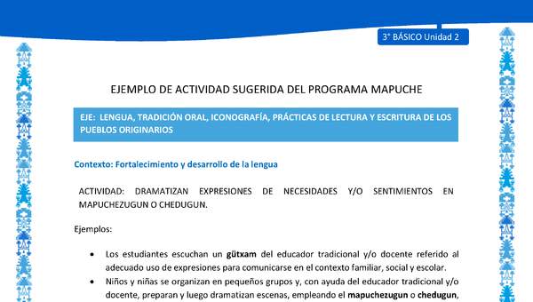 Dramatizan expresiones de necesidades y/o sentimientos en mapuchezugun o chedugun