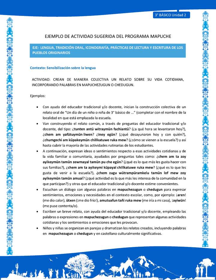 Crean de manera colectiva un relato sobre su vida cotidiana, incorporando palabras en mapuchezugun o chedugun