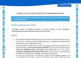 Crean de manera colectiva un relato sobre su vida cotidiana, incorporando palabras en mapuchezugun o chedugun