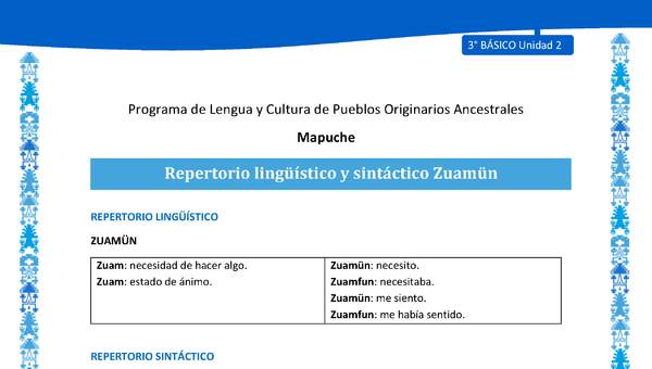 Repertorio lingüístico y sintáctico Zuamün