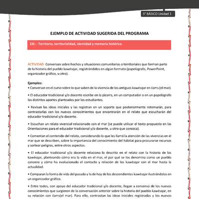 04-Actividad sugerida: LC03-KAW-U01-OA07- Conversan sobre hechos y situaciones comunitarias o territoriales que forman parte de la historia del pueblo kawésqar, registrándolos en algún formato (papelógrafo, PowerPoint, organizador gráfico, u otro).