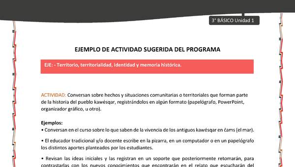 04-Actividad sugerida: LC03-KAW-U01-OA07- Conversan sobre hechos y situaciones comunitarias o territoriales que forman parte de la historia del pueblo kawésqar, registrándolos en algún formato (papelógrafo, PowerPoint, organizador gráfico, u otro).