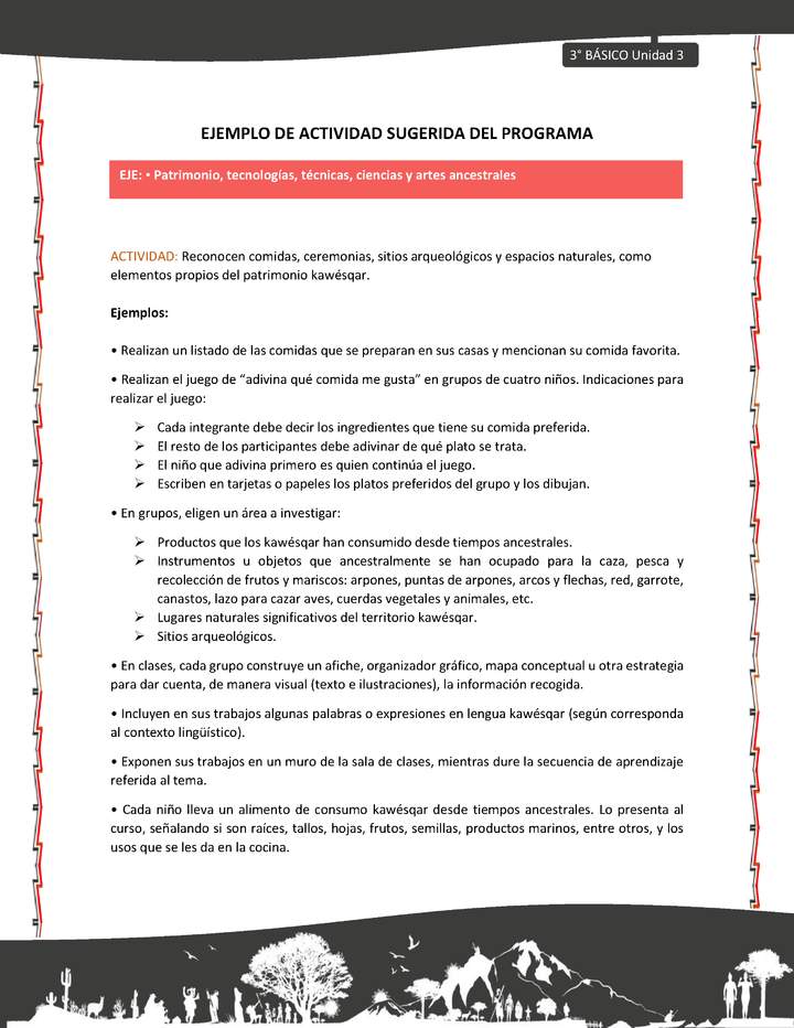 06-Actividad sugerida: LC03-KAW-U03-OA15-Reconocen comidas, ceremonias, sitios arqueológicos y espacios naturales, como elementos propios del patrimonio kawésqar.