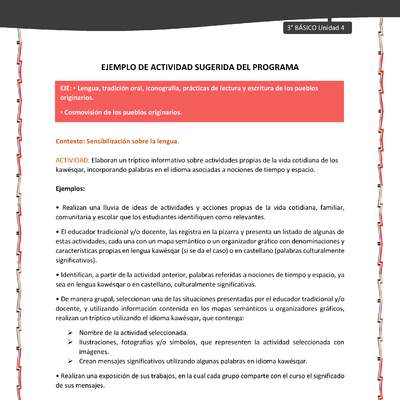 02-Actividad sugerida: LC03-KAW-U04-LS04;OA09-Elaboran un tríptico informativo sobre actividades propias de la vida cotidiana de los kawésqar, incorporando palabras en el idioma asociadas a nociones de tiempo y espacio.