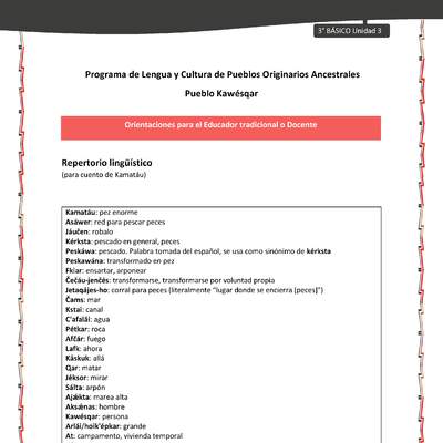 01-Orientaciones al docente - LC03 - Kawésqar - U3 - Repertorio lingüístico (para cuento de Kamatáu)