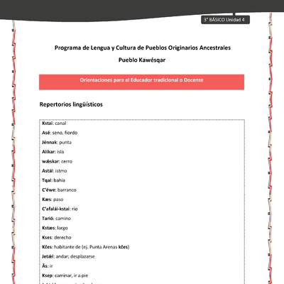 01-Orientaciones al docente - LC03 - Kawésqar - U4 - Repertorios lingüísticos