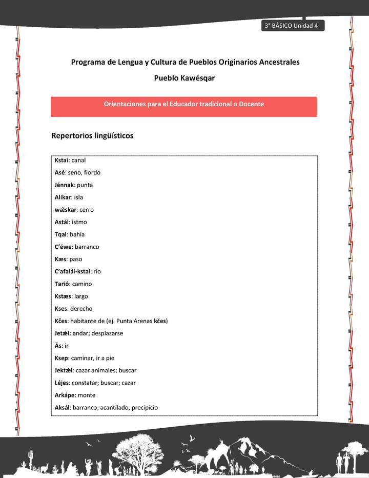 01-Orientaciones al docente - LC03 - Kawésqar - U4 - Repertorios lingüísticos