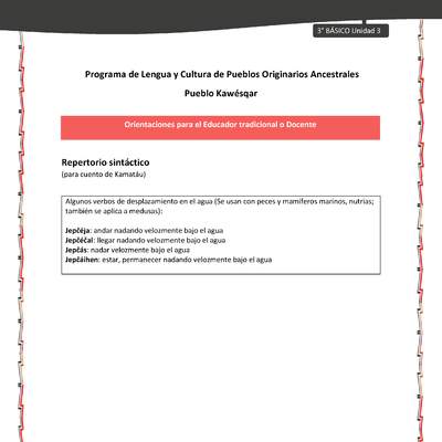 01-Orientaciones al docente - LC03 - Kawésqar - U3 - Repertorio sintáctico (para cuento de Kamatáu)