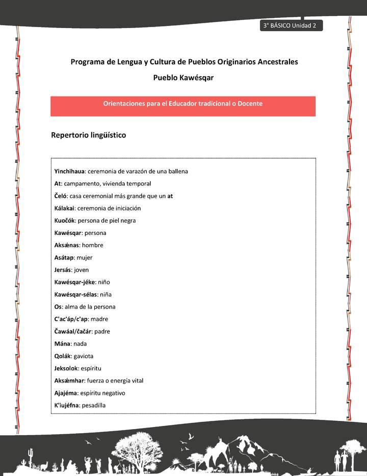 01-Orientaciones al docente - LC03 - Kawésqar - U2 - Repertorio lingüístico