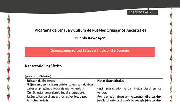 01-Orientaciones al docente - LC03 - Kawésqar - U1 - Repertorio lingüístico