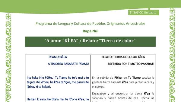 'A'amu: “KĪ'EA” / Relato: “Tierra de color”