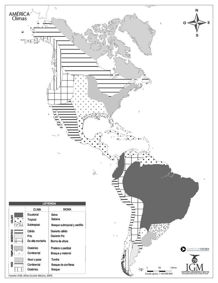 Mapa climático de América en blanco y negro