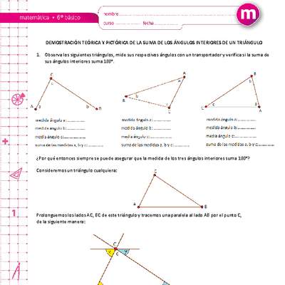 Demostración teórica y pictórica de la suma de los ángulos interiores de un triángulo