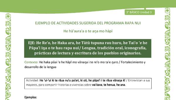  Entrevistan a sus mayores, para compartir historias o vivencias sobre vai kava, te henua, he ana