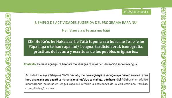 Elaboran un tríptico incorporando palabras en lengua rapa nui referido a actividades de la vida cotidiana, familiar, comunitaria y/o escolar