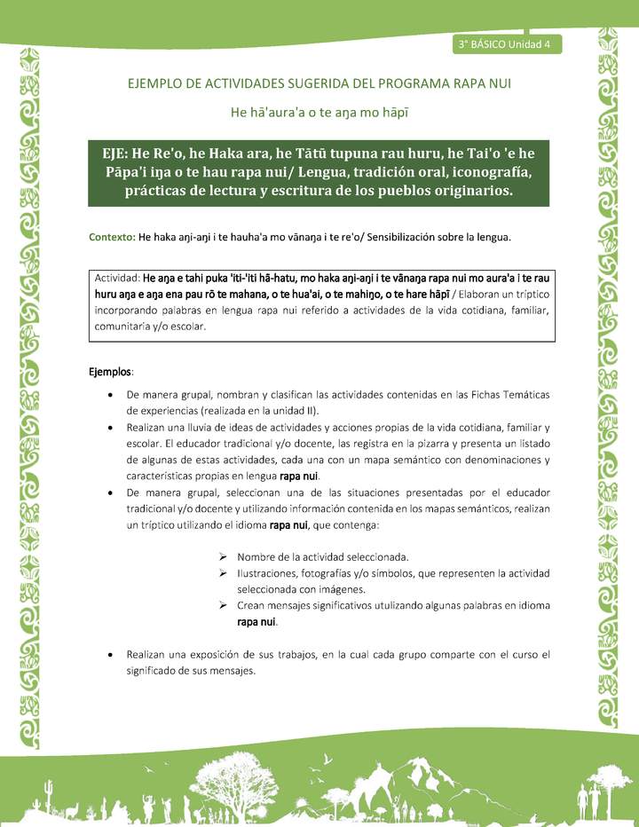 Elaboran un tríptico incorporando palabras en lengua rapa nui referido a actividades de la vida cotidiana, familiar, comunitaria y/o escolar