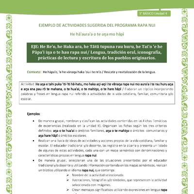  Elaboran un tríptico incorporando palabras y frases en lengua rapa nui referido a actividades de la vida cotidiana, familiar, comunitaria y/o escolar