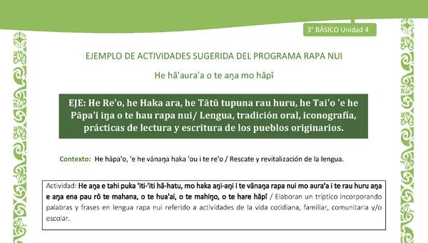  Elaboran un tríptico incorporando palabras y frases en lengua rapa nui referido a actividades de la vida cotidiana, familiar, comunitaria y/o escolar