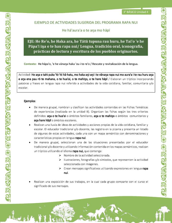  Elaboran un tríptico incorporando palabras y frases en lengua rapa nui referido a actividades de la vida cotidiana, familiar, comunitaria y/o escolar