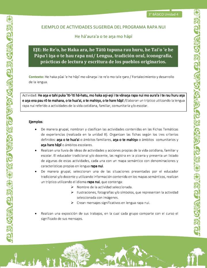 Elaboran un tríptico utilizando la lengua rapa nui referido a actividades de la vida cotidiana, familiar, comunitaria y/o escolar