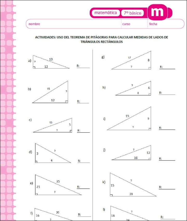 Uso del teorema de Pitágoras para calcular la medida de lados de triángulos rectángulos