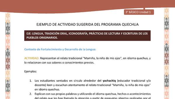 Representan el relato tradicional “Mamiña, la niña de mis ojos”, en idioma quechua, y lo relacionan con sus saberes o conocimientos previos