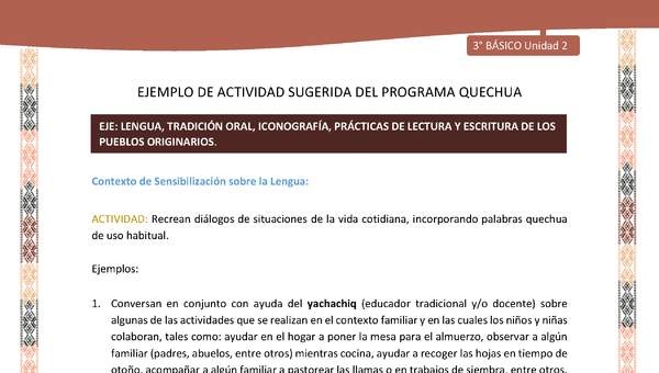 Recrean diálogos de situaciones de la vida cotidiana, incorporando palabras quechua de uso habitual