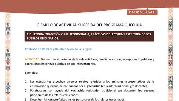 Dramatizan situaciones de la vida cotidiana, familiar o escolar, incorporando palabras y expresiones en lengua quechua en sus intervenciones