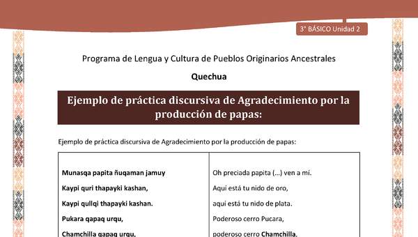 Ejemplo de práctica discursiva de Agradecimiento por la producción de papas