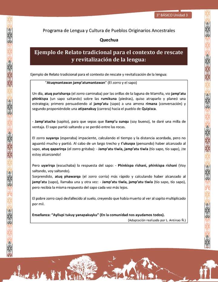 Ejemplo de Relato tradicional para el contexto de rescate y revitalización de la lengua