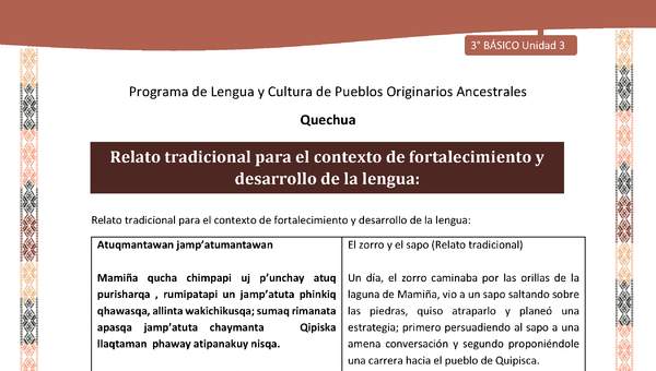 Relato tradicional para el contexto de fortalecimiento y desarrollo de la lengua