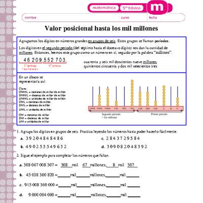 Valor posicional hasta mil millones
