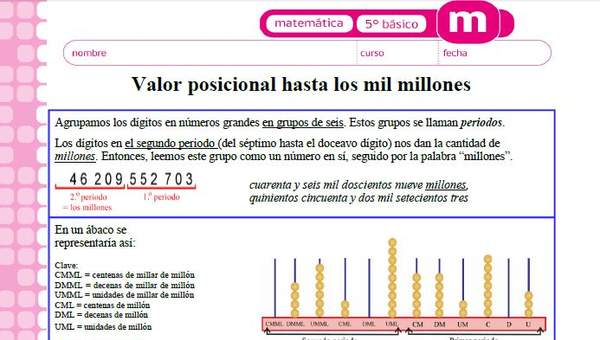 Valor posicional hasta mil millones