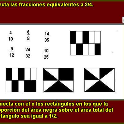 Fracciones equivalentes a 3/4 y área igual a 1/2