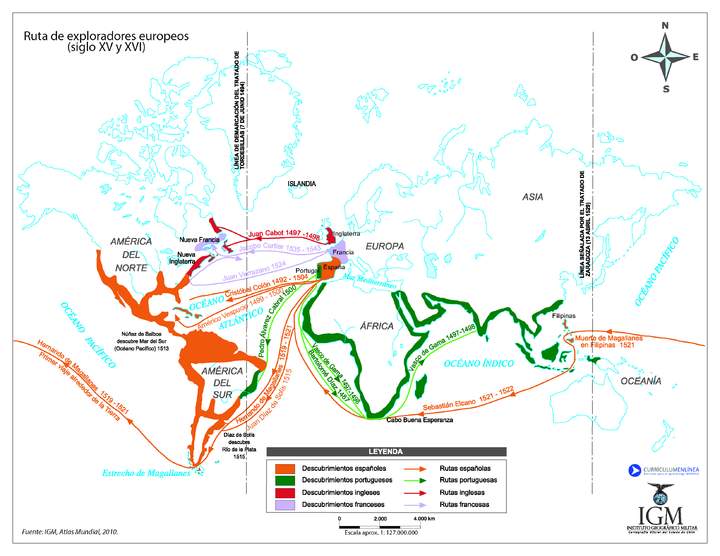 Rutas de exploradores con demarcación de tratados