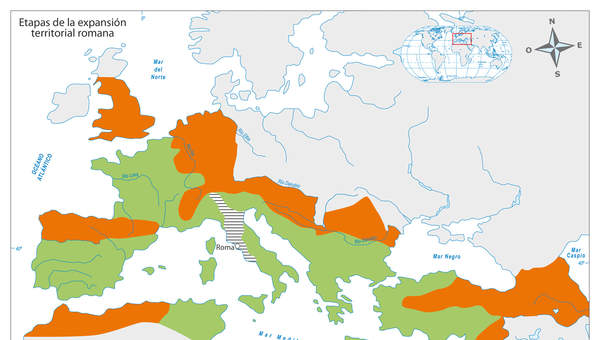 Mapa con etapas expansión territorial de Roma