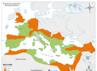 Mapa con etapas expansión territorial de Roma