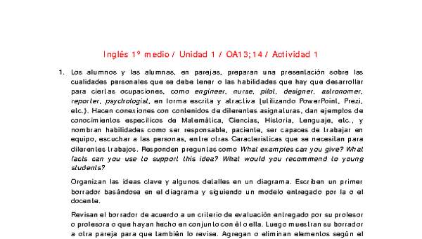 Inglés 1 medio-Unidad 1-OA13;14-Actividad 1