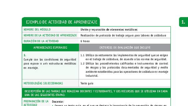 Realización de protocolo de trabajo seguro para labores de soldadura