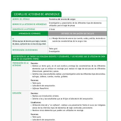 Investigación y presentación de los diferentes tipos de elementos utilizados para el izaje de piezas