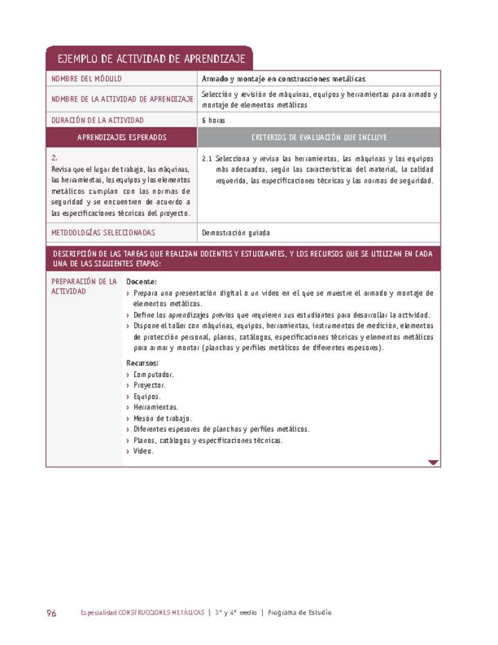 Selección y revisión de máquinas, equipos y herramientas para armado y montaje de elementos metálicos