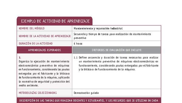 Secuencia y tiempo de tareas para realización de mantenimiento preventivo