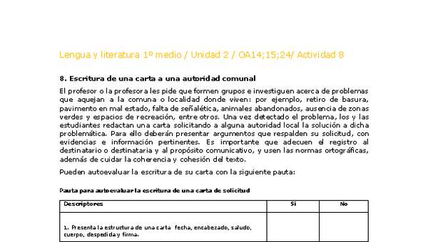 Lengua y Literatura 1 medio-Unidad 2-OA14;15;24-Actividad 8